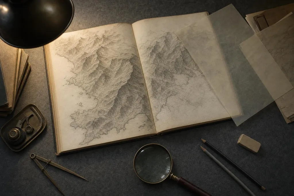 Atlas ouvert sur une carte en relief, feuilles de calque, compas, loupe, crayons et gomme sur un bureau en feutre gris (image générée par IA)