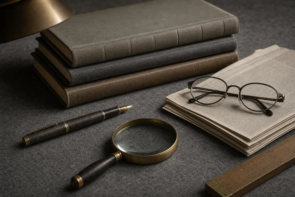 Pile de livres reliés, journaux pliés, lunettes, loupe, stylo plume et règle en bois (image générée par IA)