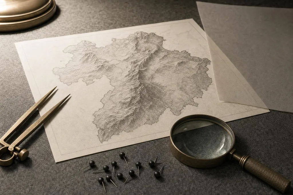 Carte en relief sur une grande feuille, calque, compas à pointes sèches, loupe et punaises noires (image générée par IA)