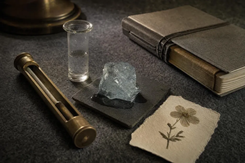 Bloc de glace sur une ardoise, éprouvette d'eau, thermomètre en laiton, carnet relié et fleur séchée sur papier (image générée par IA)
