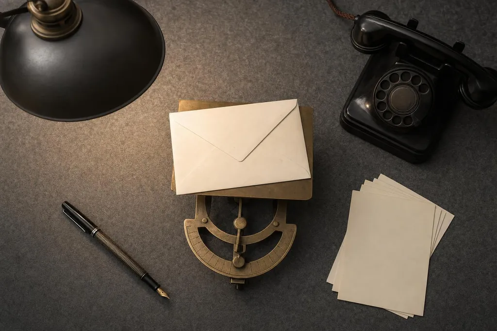 Téléphone à cadran noir, enveloppes posées sur un pèse-lettre en laiton, stylo plume et feuilles vierges sous une lampe de bureau (image générée par IA)