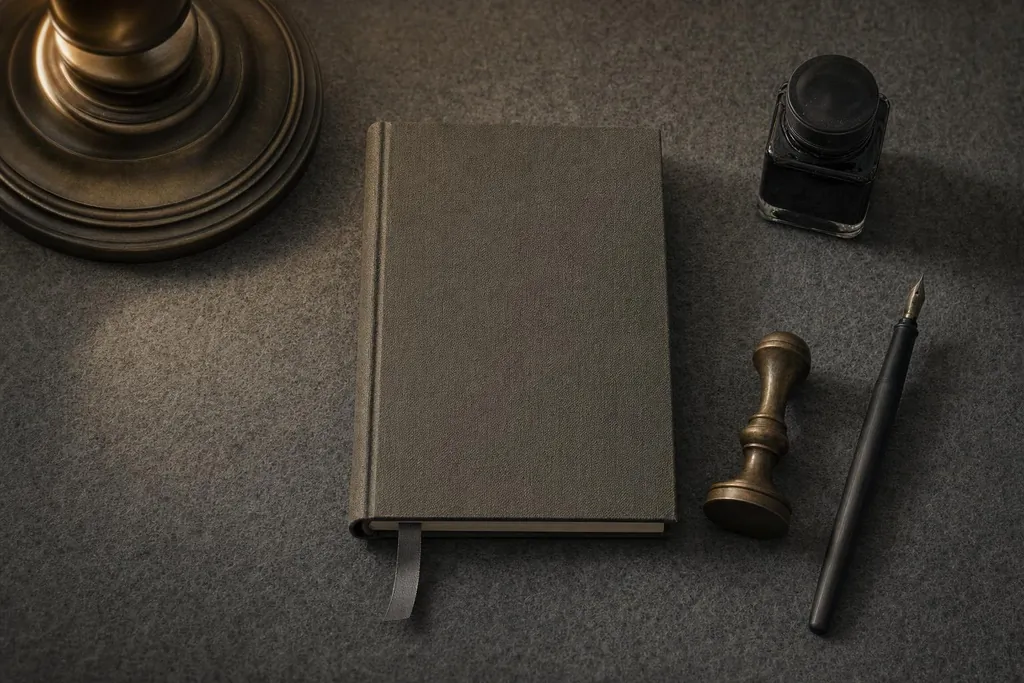 Livre relié à signet, encrier, cachet en laiton et porte-plume posés à côté d'une lampe (image générée par IA)