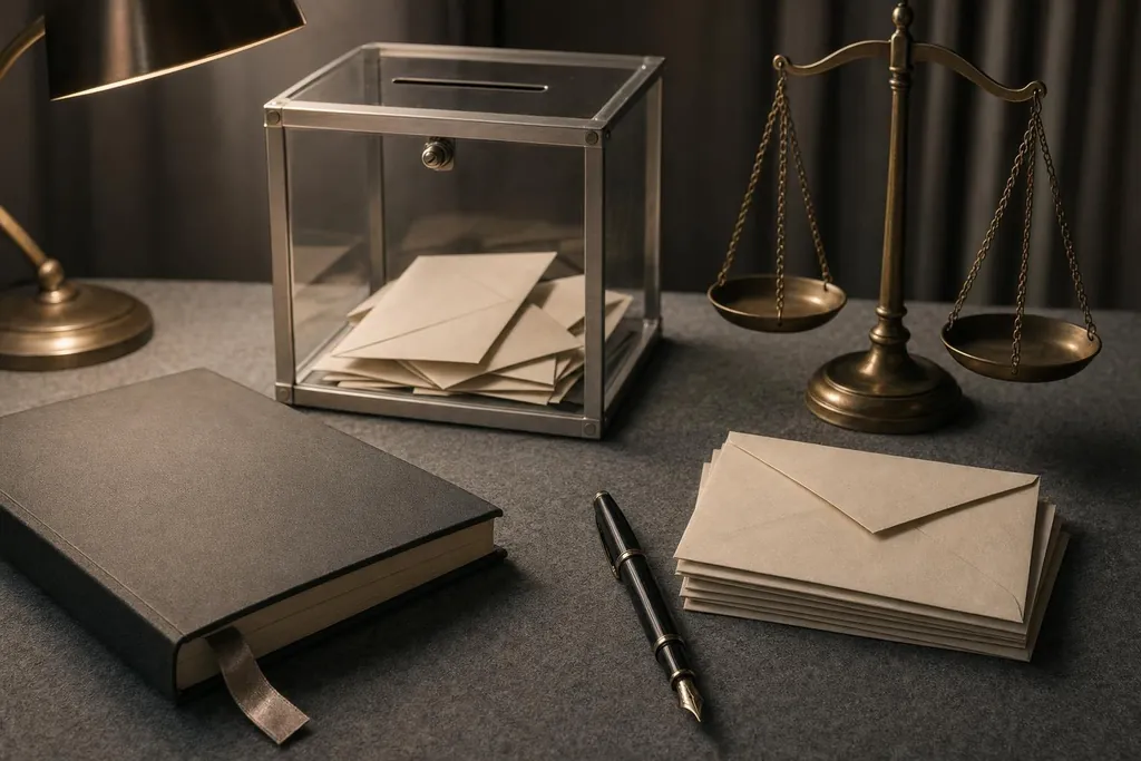 Urne transparente remplie d'enveloppes, balance en laiton, livre relié, stylo plume et enveloppes kraft (image générée par IA)