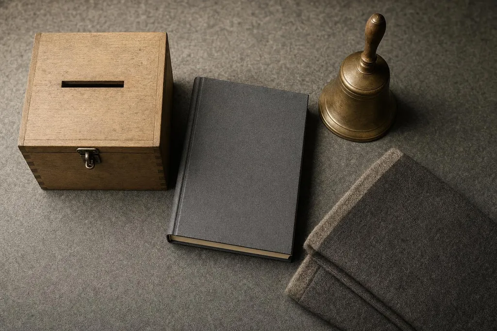 Urne en bois, livres reliés gris et cloche en laiton sur un bureau en feutre (image générée par IA)