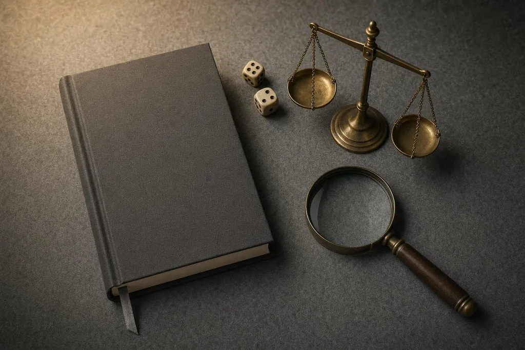 Livre relié, deux dés, balance en laiton et loupe sur un bureau sombre (image générée par IA)