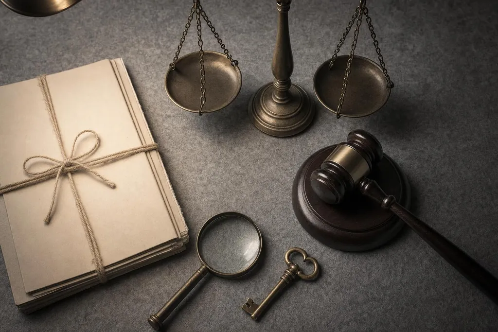 Balance de justice, marteau de juge, liasse de dossiers nouée, loupe et ancienne clé (image générée par IA)