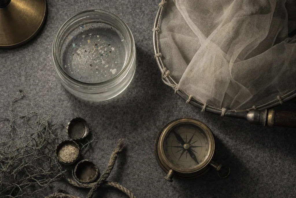 Bocal d'eau de mer chargé de fragments de plastique, filet de prélèvement, capsules usées, bout de filet de pêche et boussole de marine (image générée par IA)