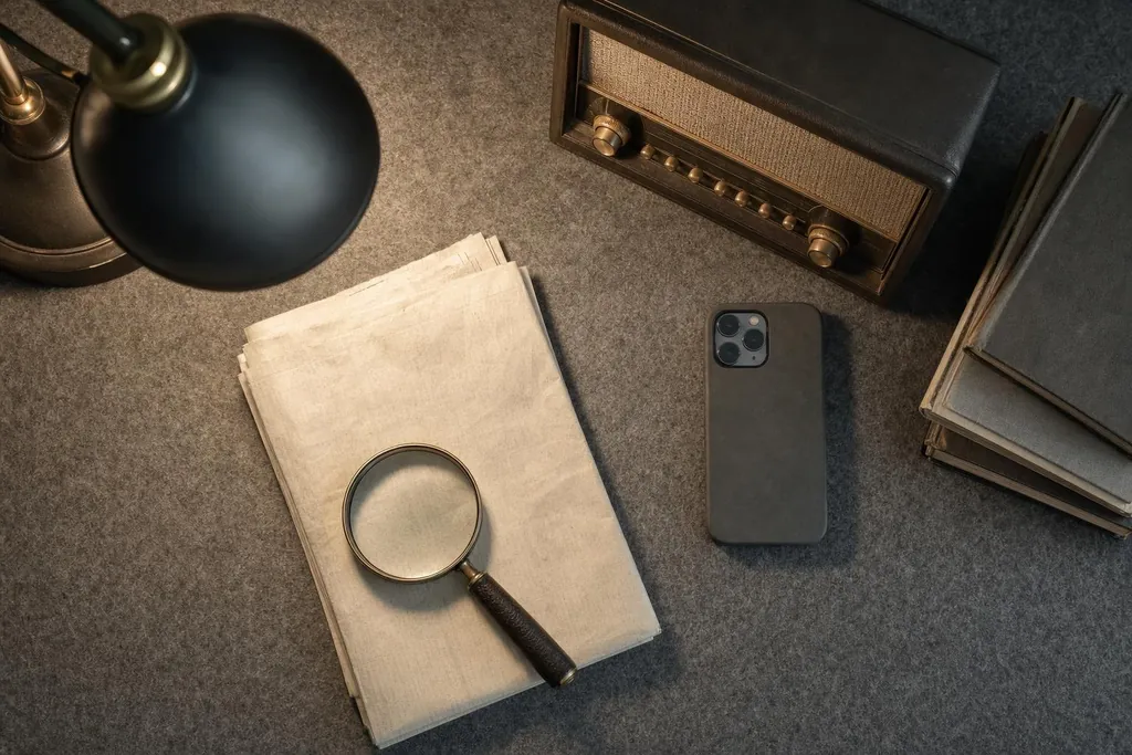 Liasse de journaux sous une loupe, smartphone, poste de radio ancien et pile de livres (image générée par IA)