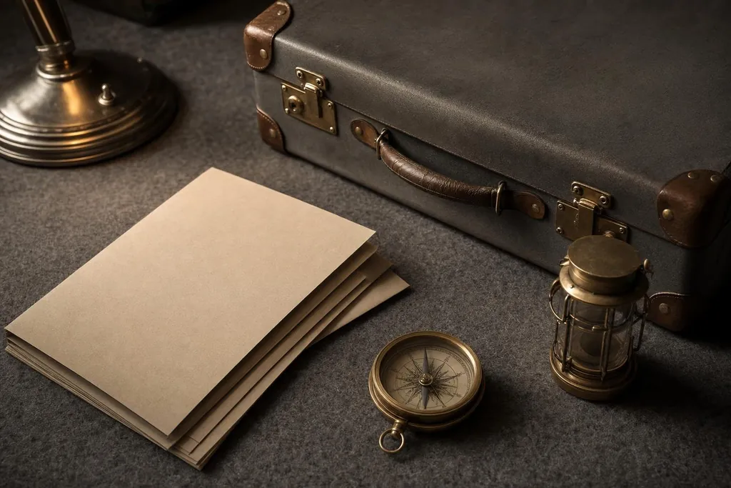 Valise ancienne fermée, chemises cartonnées, boussole et lanterne en laiton (image générée par IA)