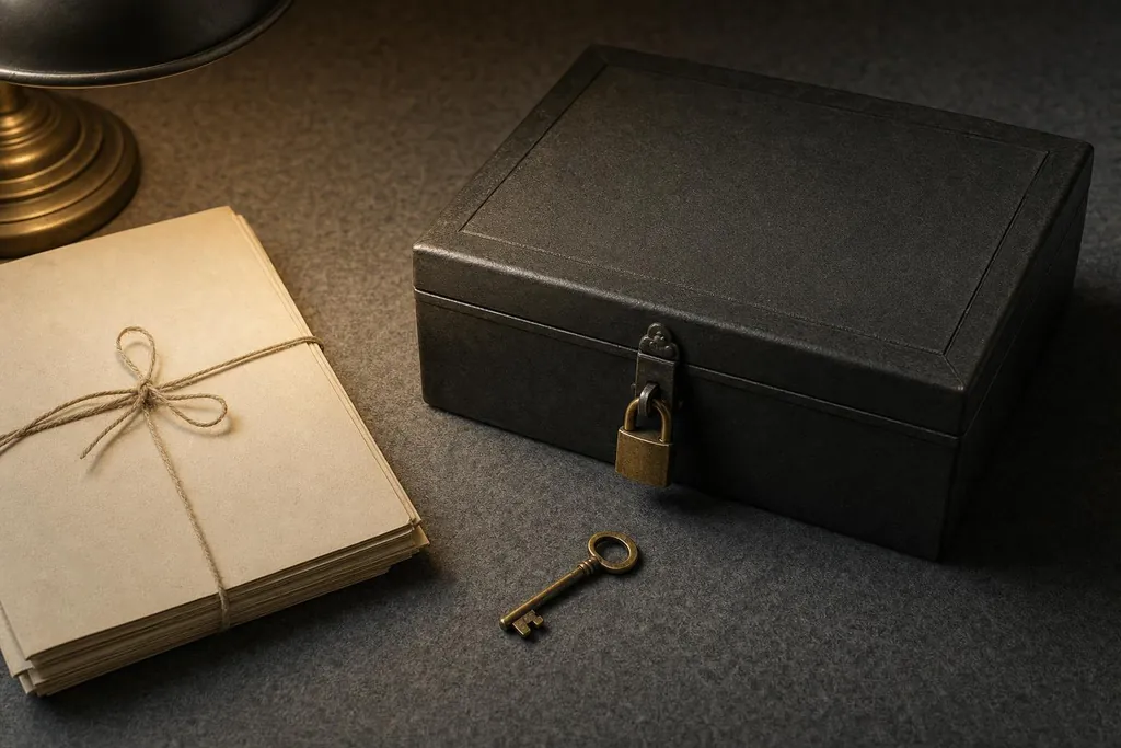 Coffret noir fermé par un cadenas, petite clé en laiton et liasse de lettres nouée d'une ficelle (image générée par IA)