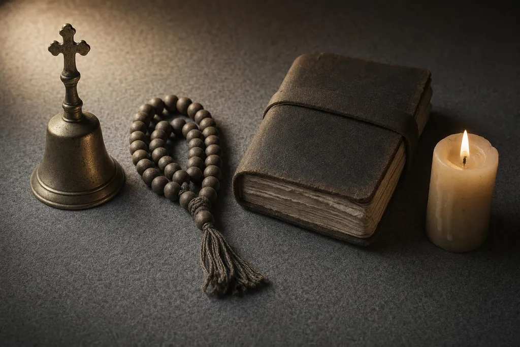 Cloche surmontée d'une croix, chapelet, livre ancien en cuir et bougie allumée (image générée par IA)