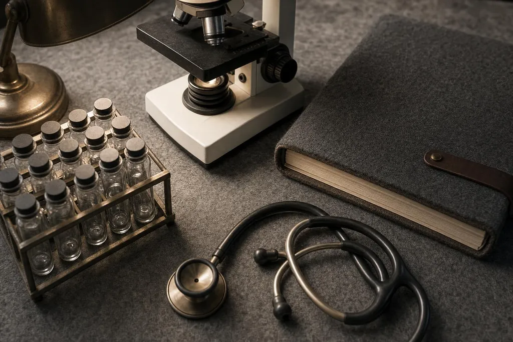 Microscope, flacons de vaccin dans un portoir, stéthoscope et carnet relié (image générée par IA)