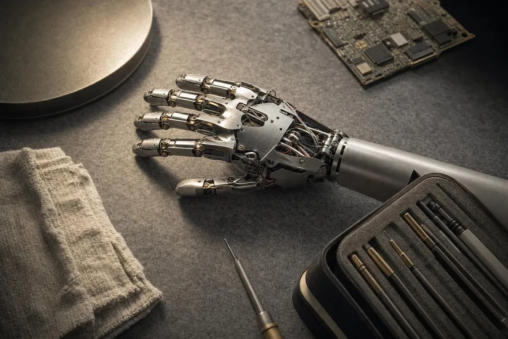 Main robotique articulée, chiffon, circuit imprimé et trousse d'outils de précision (image générée par IA)