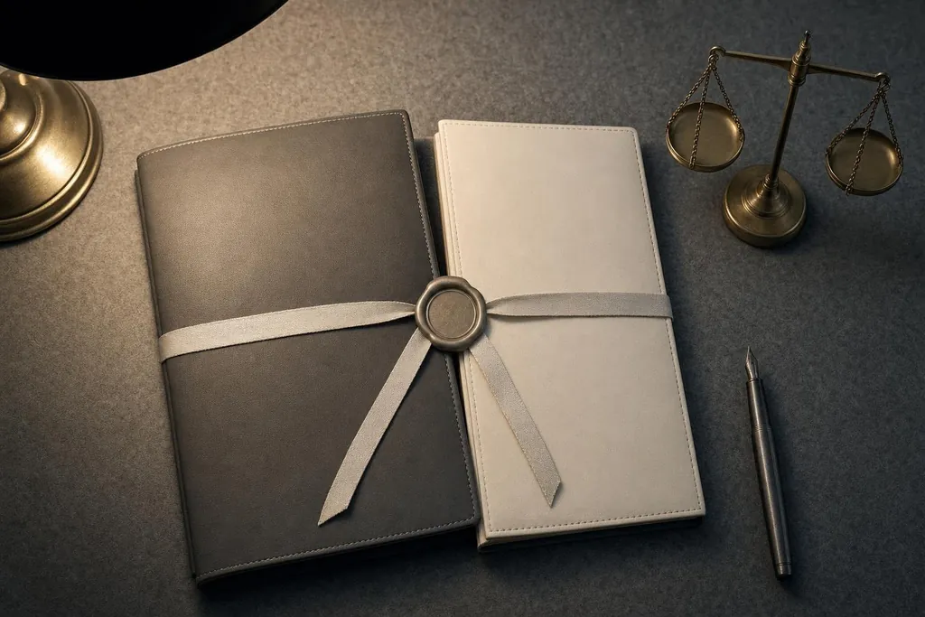 Deux carnets, l'un sombre, l'autre clair, liés par un ruban scellé à la cire, à côté d'une balance en laiton et d'un stylo (image générée par IA)