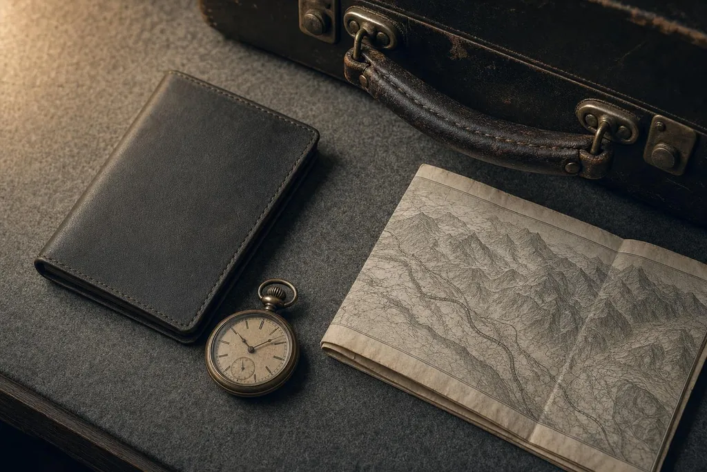 Porte-passeport en cuir, montre de gousset et carte de montagnes près d'une valise ancienne (image générée par IA)