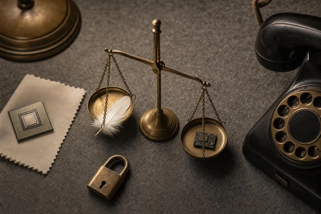 Balance en laiton pesant une plume et une puce électronique, cadenas, chiffon et téléphone à cadran (image générée par IA)