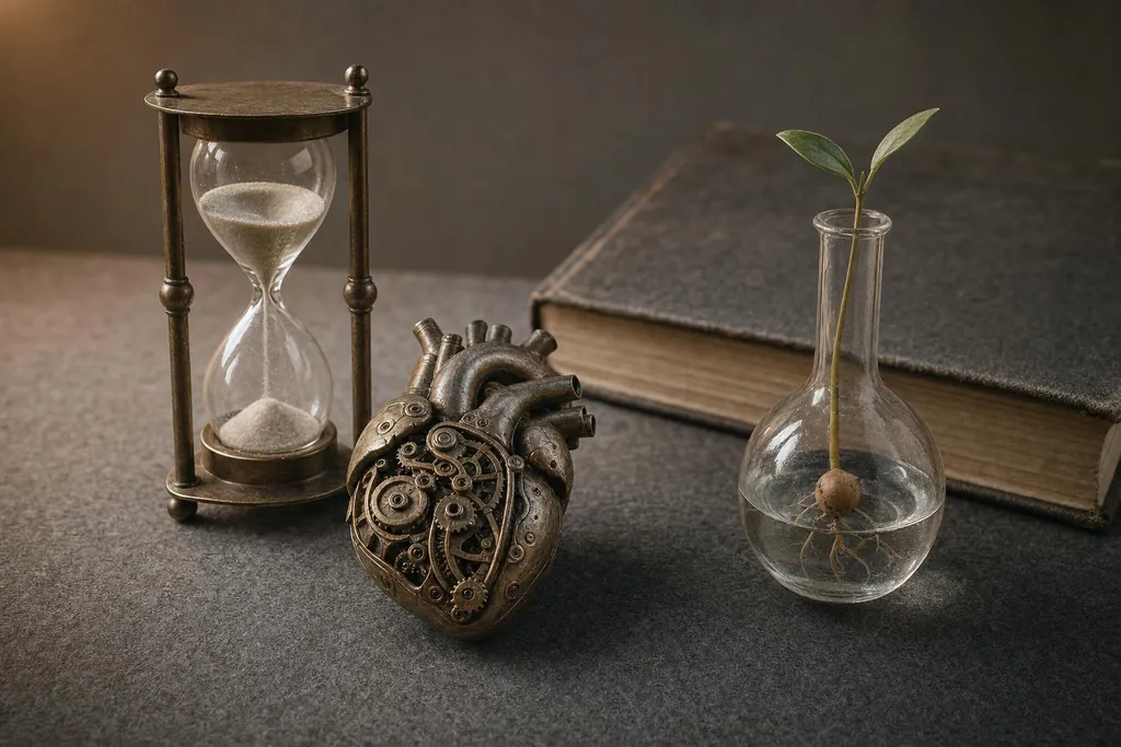 Sablier, cœur mécanique en métal, jeune pousse dans un ballon de verre et livre ancien (image générée par IA)