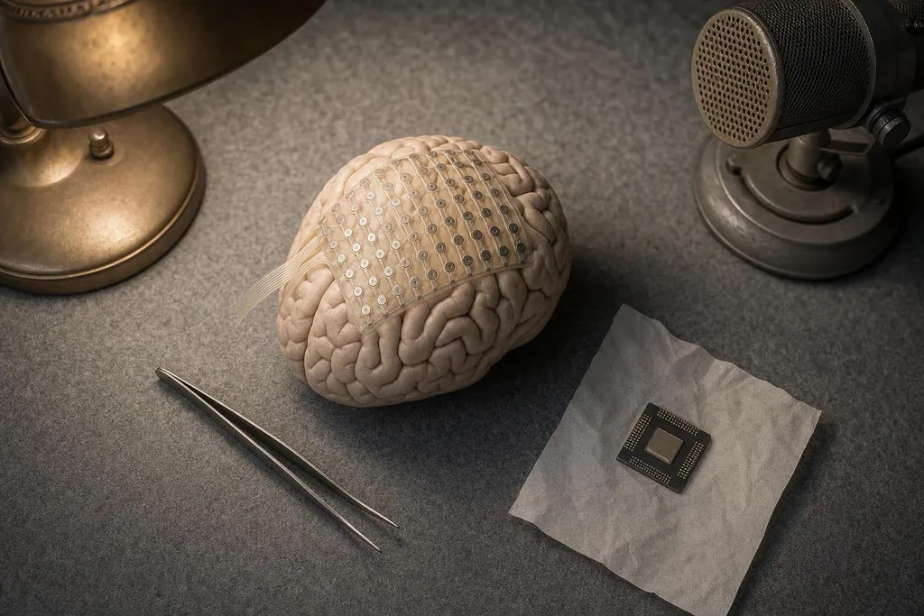 Modèle de cerveau couvert d'une grille d'électrodes, pince fine, puce électronique sur un tissu et microphone ancien (image générée par IA)