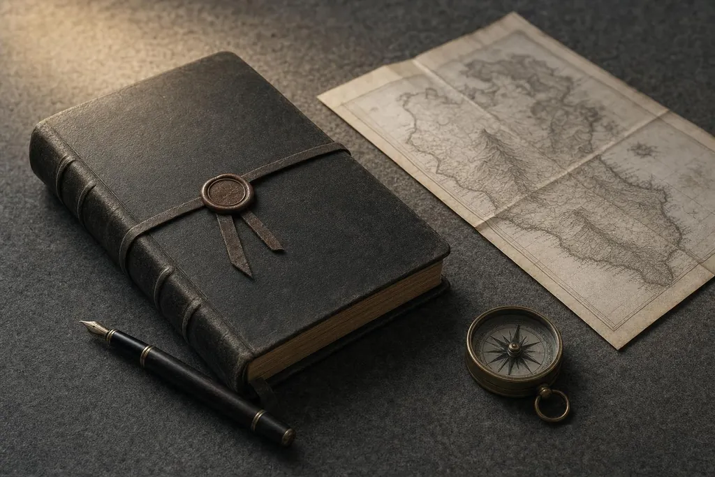 Livre relié scellé à la cire, carte ancienne, boussole et stylo plume (image générée par IA)