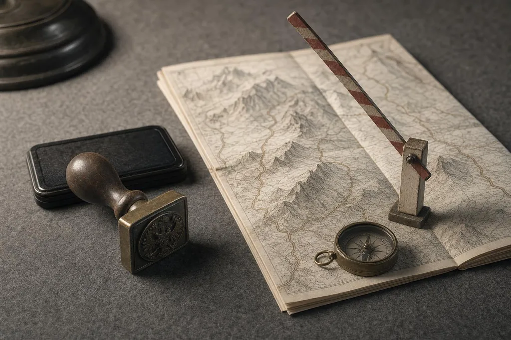 Atlas ouvert sur des montagnes, barrière de frontière miniature, tampon encreur, cachet et boussole (image générée par IA)