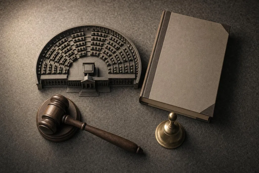 Maquette d'hémicycle parlementaire, marteau de président, sonnette en laiton et livre relié (image générée par IA)
