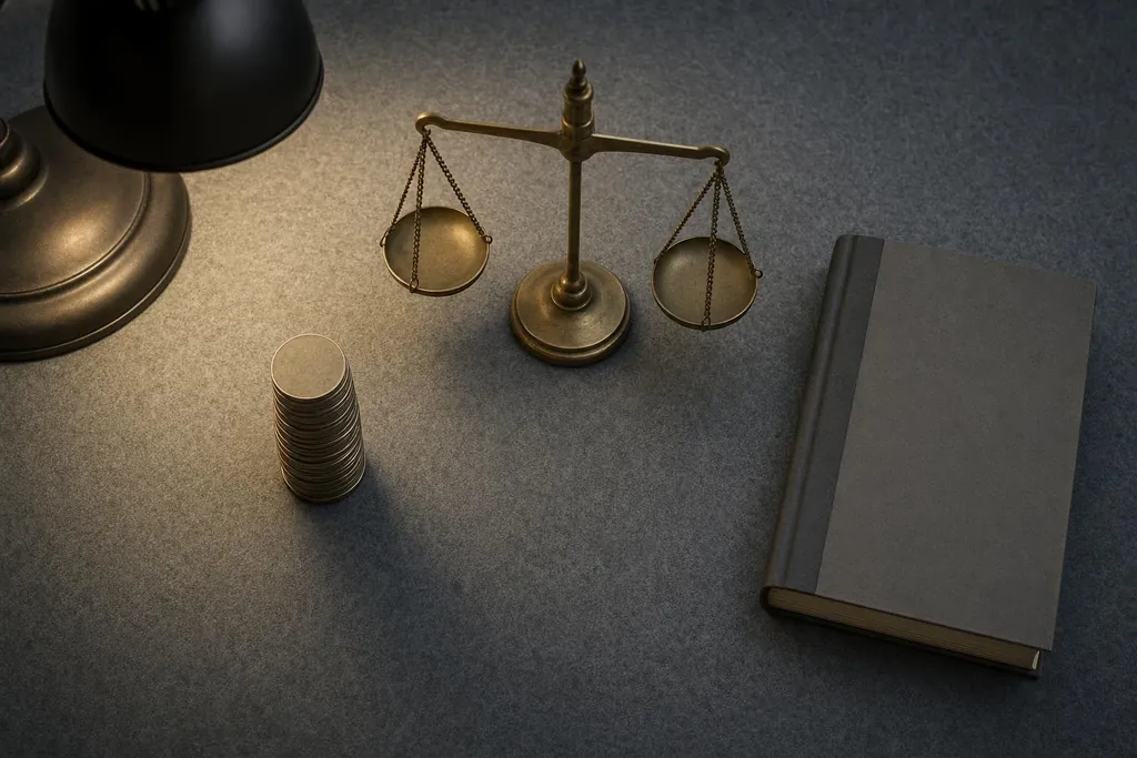 Pile de pièces de monnaie, balance en laiton et livre relié sous une lampe (image générée par IA)