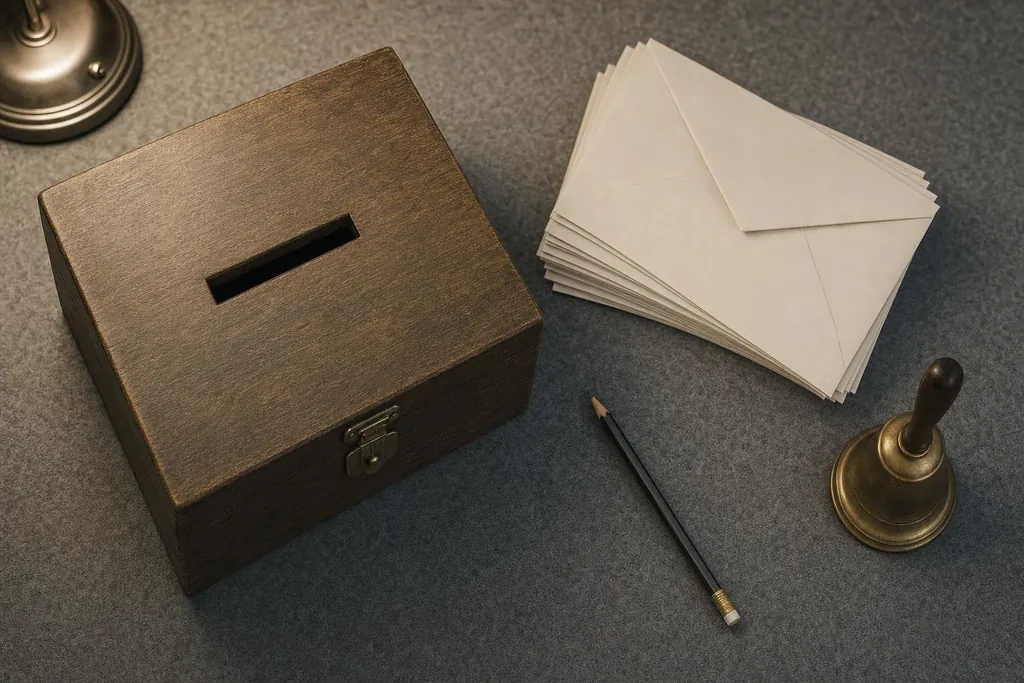 Urne en bois, pile d'enveloppes, crayon et sonnette en laiton (image générée par IA)